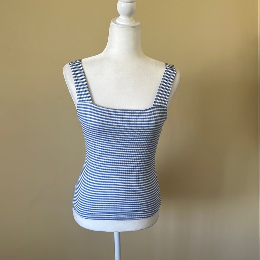 Blue and wide striped tank top with wide straps